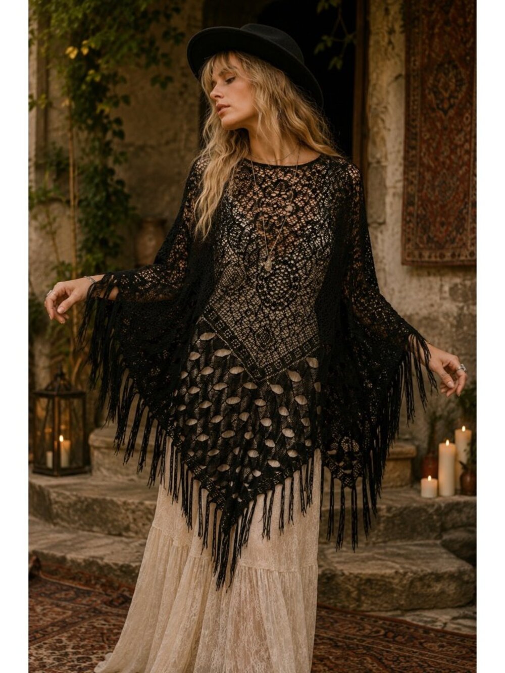 Jonden Women Black Crochet Knit Fringe Poncho Shawl Wrap One Size Boho Festival